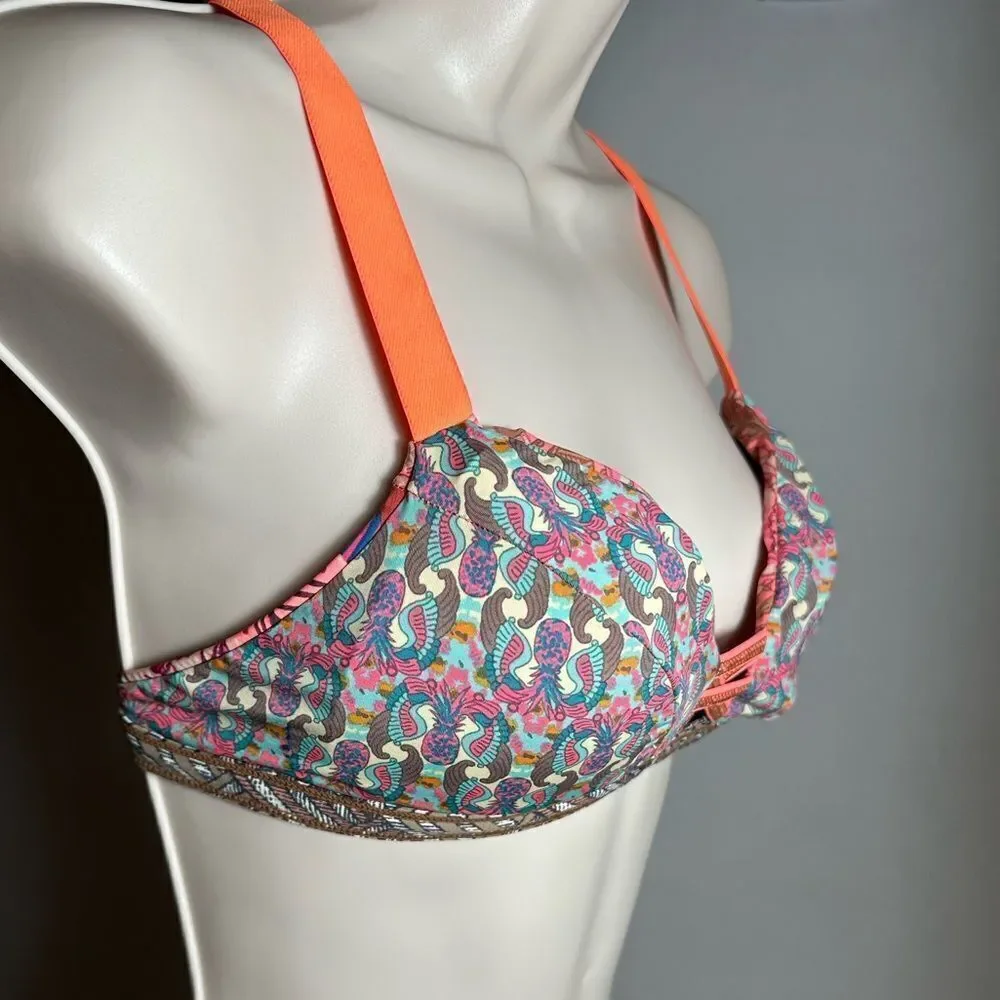 Maaji Neon Coral Pink Pineapple Sea Horse Print Reversible Bikini Top - Picture 6 of 9